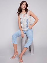 Load image into Gallery viewer, Charlie B - C4544P - Printed Sleeveless Raw Linen Top - Garden
