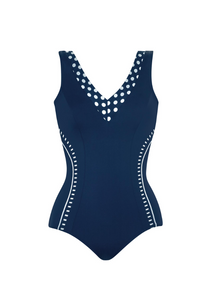 Sunmarin - 12040 - Front and Back V-Neck 1pc Swimsuit - Navy