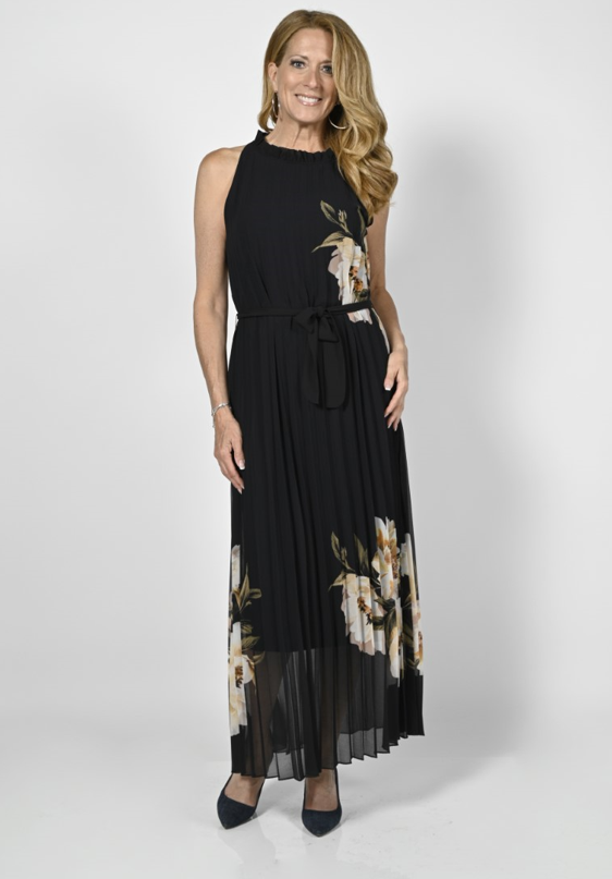Frank Lyman - 236155 - Pleated Floral Dress - Black/Beige