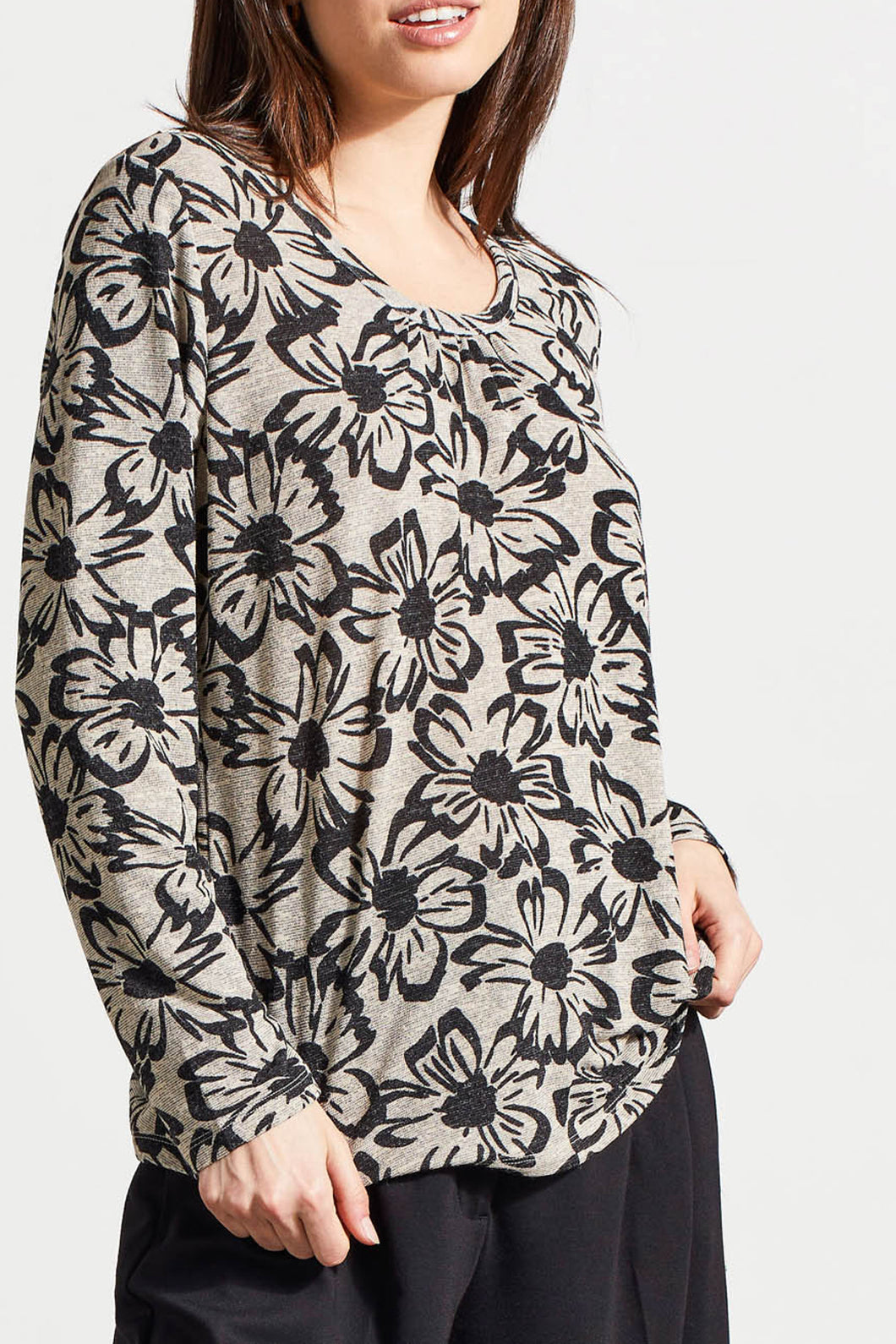 Tribal - 1873O - Long Sleeve U Neck Top With Shirring - Frost Grey