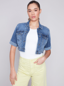 Charlie B - C6112X - Cropped Jean Jacket with Short Sleeves- Med Blue