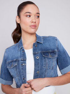 Charlie B - C6112X - Cropped Jean Jacket with Short Sleeves- Med Blue