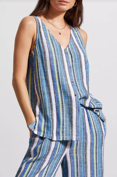 Tribal - 7719O - Linen Blend Striped Button Down Cami - Blue Sea