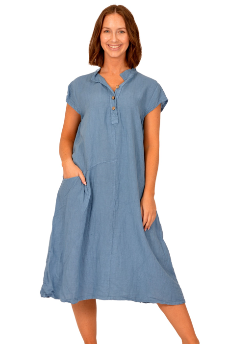 Catherine Lillywhite - ITGM30315BJ - Mandarin Collar Linen Dress - Blue Jean