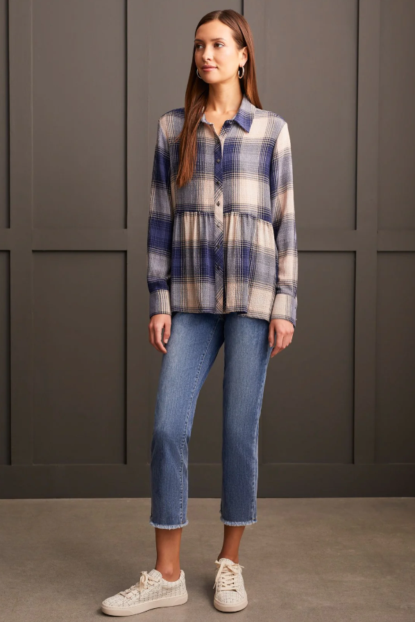 Tribal - 7984O - Plaid Peplum Button Up - Blue Jay