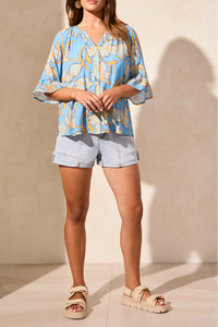 Tribal - 2158O - Elbow Sleeve Buttons Front Blouse With Tape Detail - Deep Sea