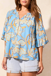 Tribal - 2158O - Elbow Sleeve Buttons Front Blouse With Tape Detail - Deep Sea