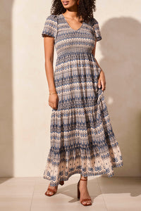 Tribal - 2226O - Lined Short Sleeve Ruched Top Maxi Dress - Scubablue
