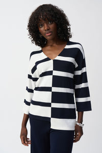 Joseph Ribkoff - 251914 - Striped V-Neck Pullover - Midnight Blue/Vanilla