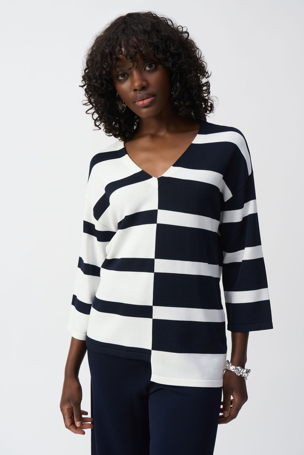 Joseph Ribkoff - 251914 - Striped V-Neck Pullover - Midnight Blue/Vanilla