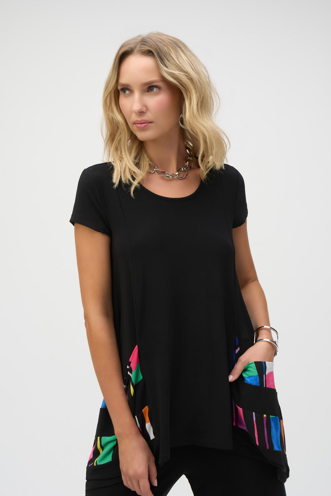 Joseph Ribkoff - 252054 - Stripe Print Handkerchief Tunic - Black/Multi