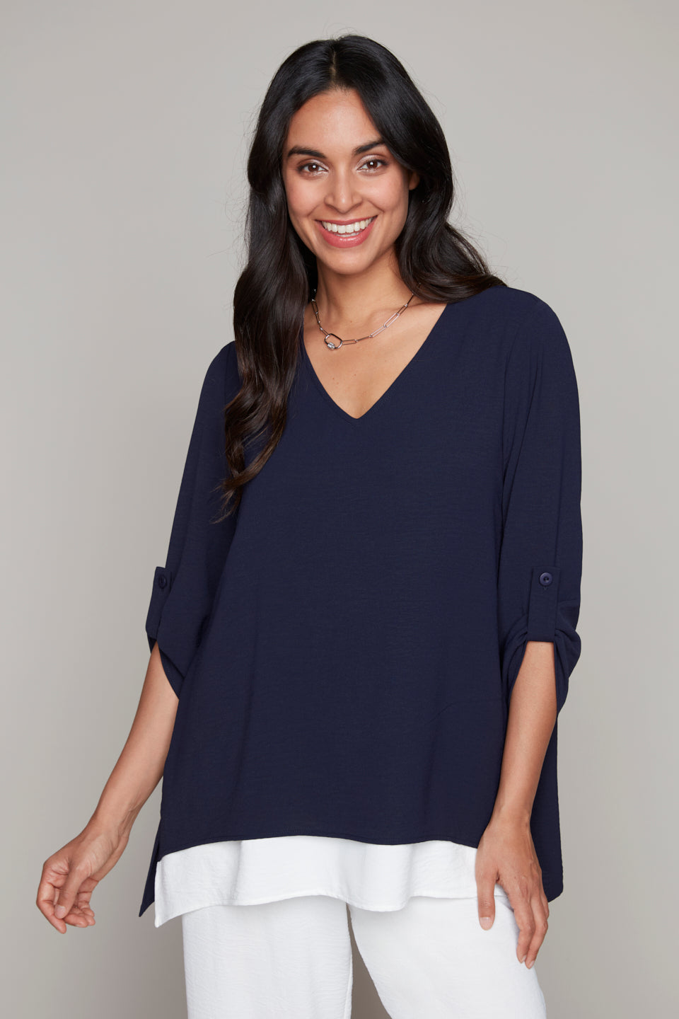 Compli K - 33927 - 3/4 Sleeve Layered Blouse - Navy and Ivory
