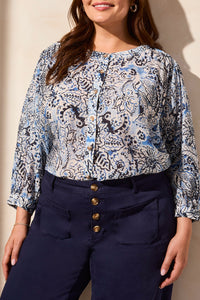 Tribal - 5539O - Flowy Dolman Sleeve Blouse With Self-Covering Buttons - Scubablue