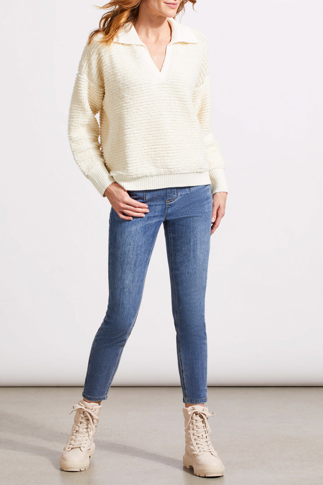 Tribal - 5651O - Oversized Drop Shoulder Polo Sweater - Eggshell