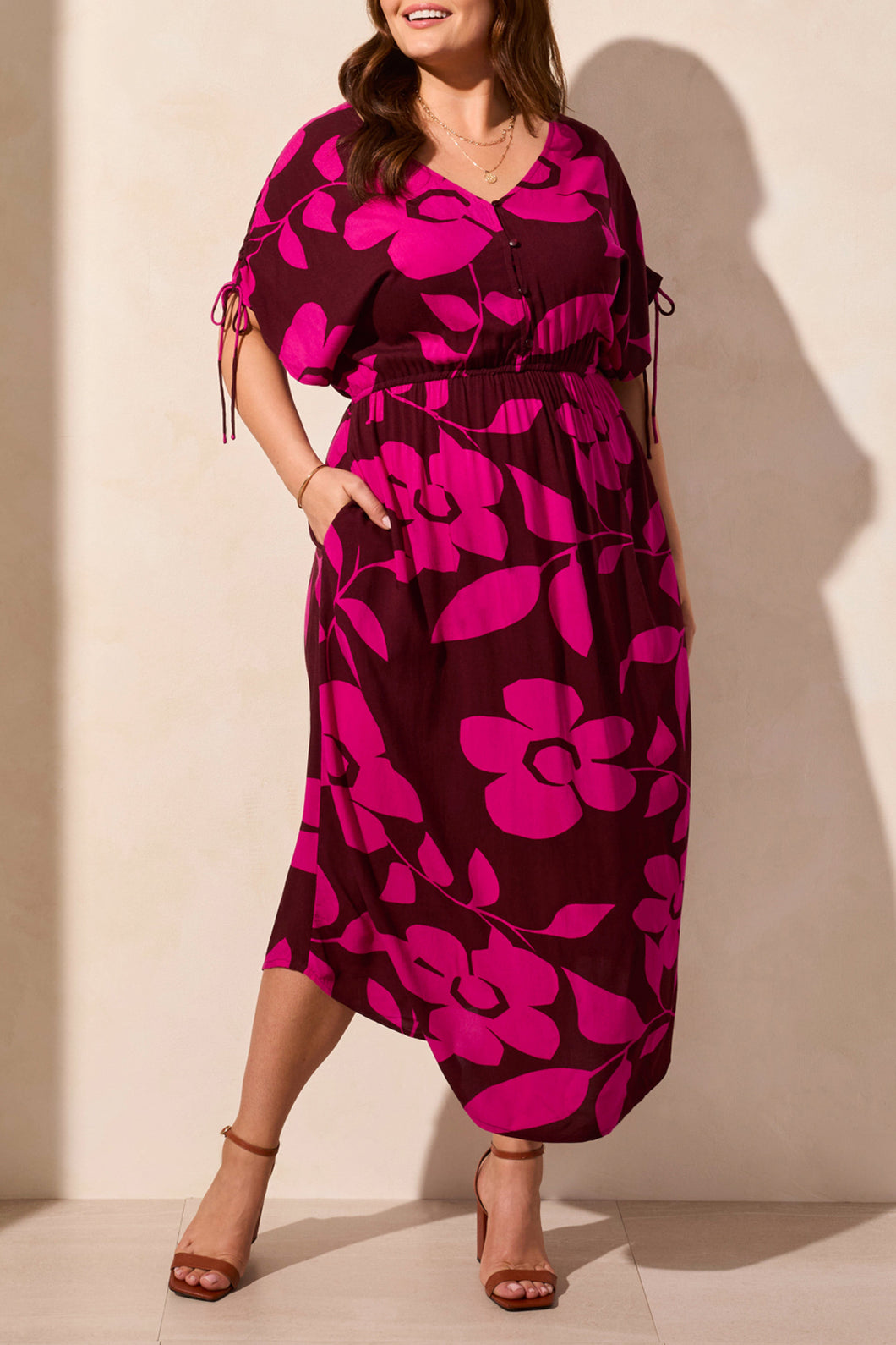 Tribal - 5750O - Flowy Dress With Shoulders Ties - Maroon