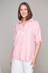 Carré Noir - 7825 - Linen Button Front Blouse - Soft Pink