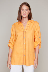 Carre Noir - 7928 - Cotton/Linen V-Neck Blouse - Papaya