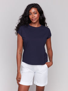 Charlie B - C1391PK - Drop Shoulder Tee With Lace Shoulder Trim - Navy
