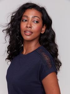Charlie B - C1391PK - Drop Shoulder Tee With Lace Shoulder Trim - Navy