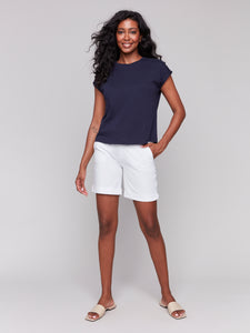 Charlie B - C1391PK - Drop Shoulder Tee With Lace Shoulder Trim - Navy