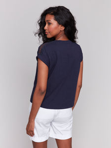 Charlie B - C1391PK - Drop Shoulder Tee With Lace Shoulder Trim - Navy