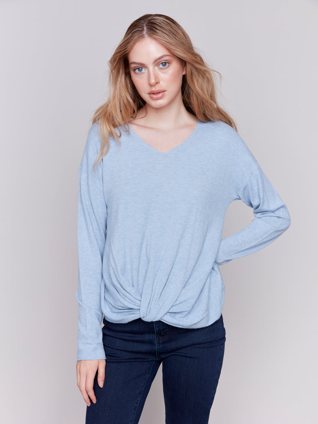 Charlie B - C2672 - Long Sleeve Top With Knot - H-Frost