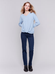 Charlie B - C2672 - Long Sleeve Top With Knot - H-Frost