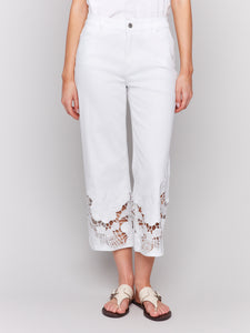 Charlie B - C5648 - Flare Leg Jeans With Laser Cut Lace at Bottom - White