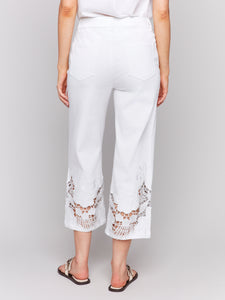 Charlie B - C5648 - Flare Leg Jeans With Laser Cut Lace at Bottom - White