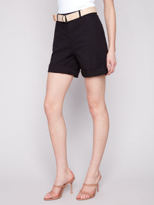 Charlie B - C8065 - Cuffed Shorts With Belt - Black