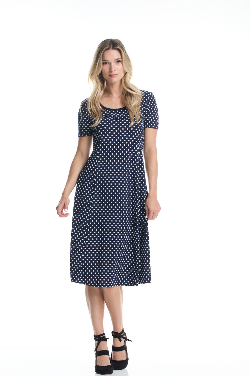 Gitane - RPS-8262N - Midi Scoop Neck Cap Sleeve Dress - Navy/White Dots