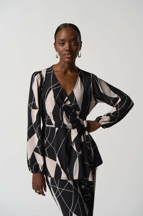 Joseph Ribkoff - 233033 -Abstract Print Wrap Tunic - Blk/Moonstone