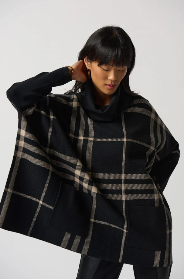 Joseph Ribkoff - 233965 - Cowl Neck Plaid Poncho - Black Oatmeal