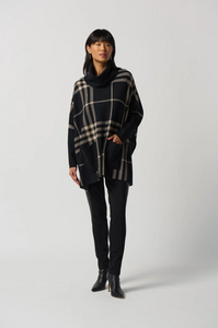 Joseph Ribkoff - 233965 - Cowl Neck Plaid Poncho - Black Oatmeal