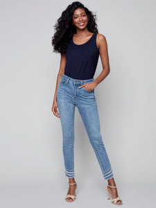 Charlie B - C5273S-431A - Jeans With Slanted Fringed Detail - Medium Blue