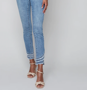 Charlie B - C5273S-431A - Jeans With Slanted Fringed Detail - Medium Blue