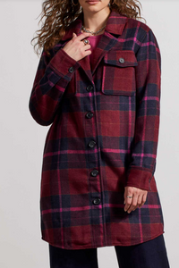 Tribal - 7183O - Long Plaid Shacket - Red Plum