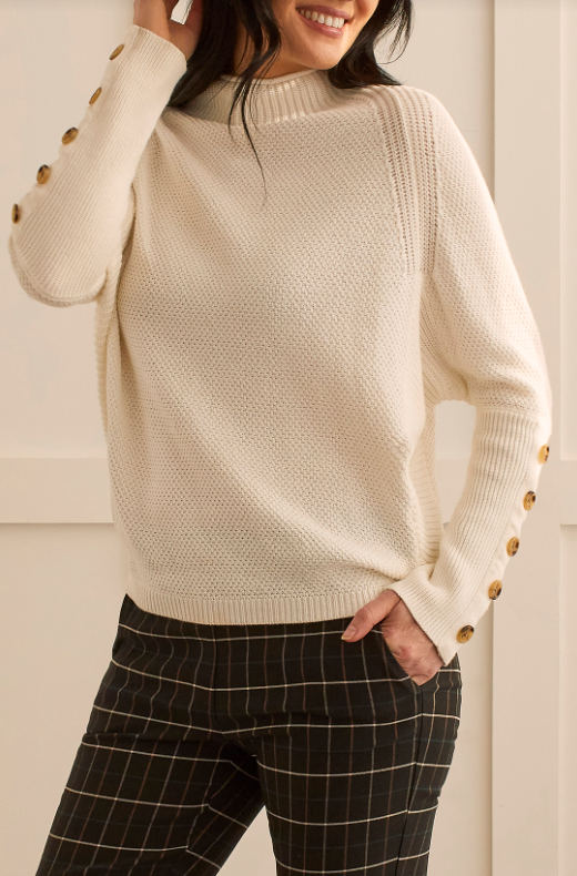 Tribal - 1588O - Funnel Neck Sweater with Button Details - Cream
