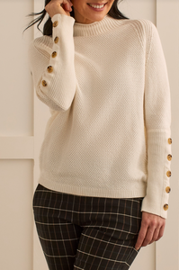Tribal - 1588O - Funnel Neck Sweater with Button Details - Cream