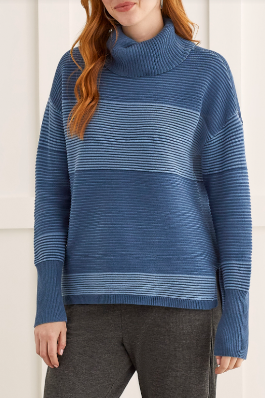 Tribal - 7865O - Turtleneck High Low Sweater with Side Slits - Blue Sky