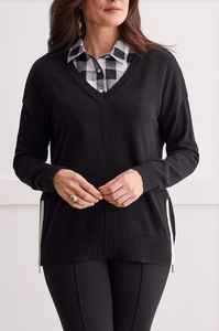 Tribal - 1495O - V-Neck Sweater With Side Zippers - Black