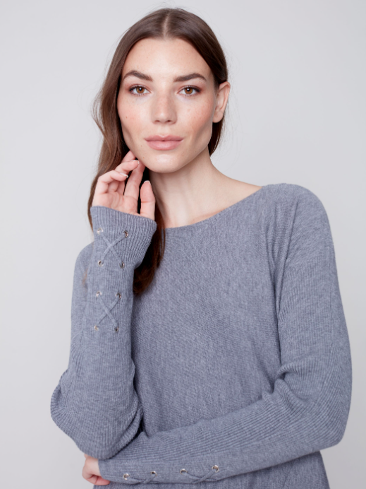 Charlie B - C2380RR - Cuff Lace-Up Detail Sweater  - Snowflake