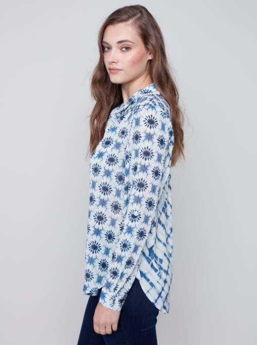 Charlie B - C4308Z - Printed Crinkle Georgette Blouse - Denim