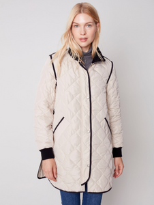 Charlie B - C6253-721B - Long Pleather Quilted Jacket - Almond