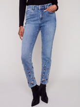 Load image into Gallery viewer, Charlie B - C5449 - Embroidered Hem Jeans - Medium Blue
