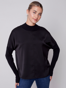 Charlie B - C1345 - Mock Neck Satin Knit Top - Black