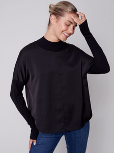 Charlie B - C1345 - Mock Neck Satin Knit Top - Black