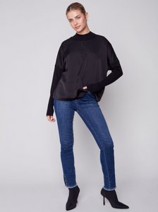 Charlie B - C1345 - Mock Neck Satin Knit Top - Black