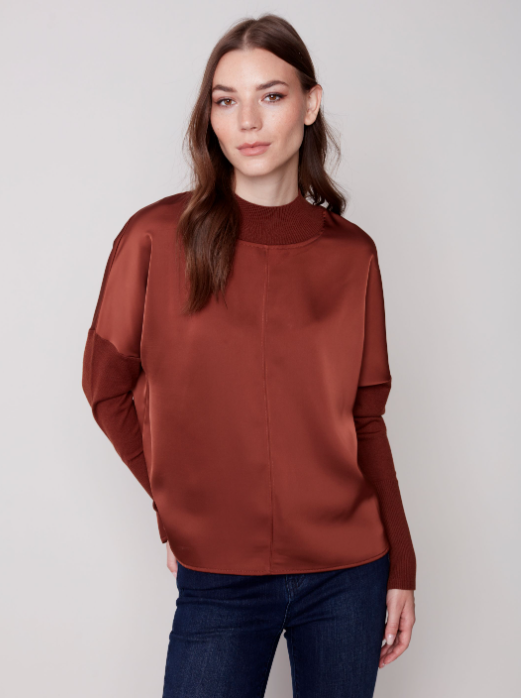 Charlie B - C1345 - Mock Neck Satin Knit Top - Cinnamon