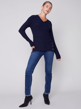 Load image into Gallery viewer, Charlie B - 2569 - Plushy Knit V-Neck With Grommets - Navy
